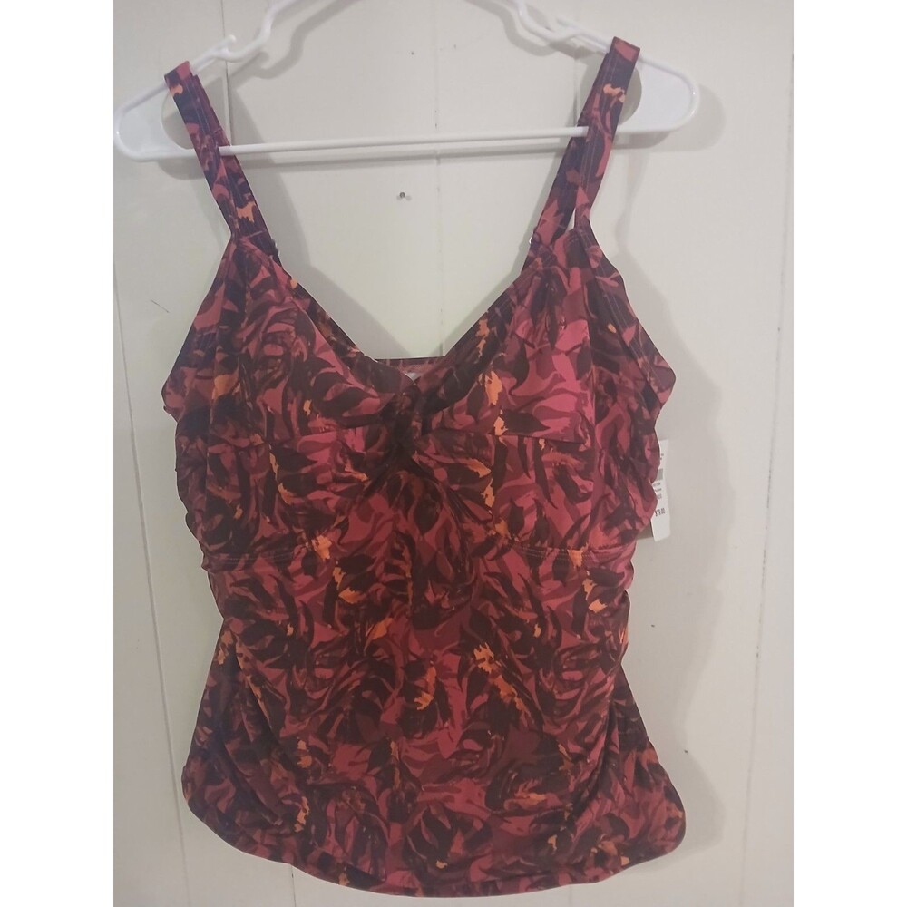 LL Bean Red Floral Tankini Top Size 18 Cross Front Adjustable Straps Slimming